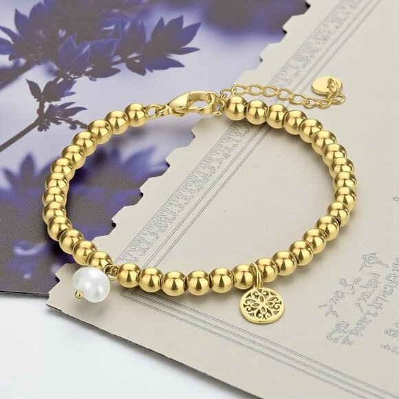 Boho Chic Mandala Pearl Charm Bracelet 18K Gold Plated 316L Stainless Steel - Picture 7 of 12